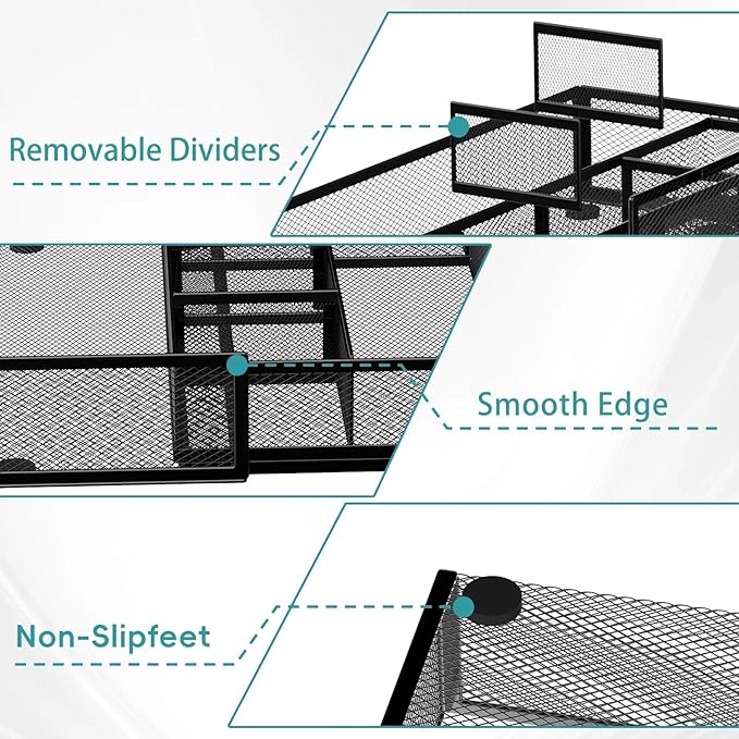 Expandable Desk Drawer Organizer, 10 Adjustable Compartments, Black | Metal mesh drawer organizer tray with 5 removable dividers, expands from 8.74 to 16 in for office supplies, makeup or tools