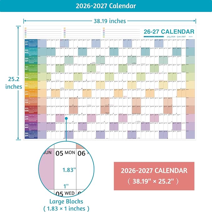 Yearly Wall Calendar 2026-2027 - Large Yearly Calendar 2026-2027, Jul 2026 - Jun 2027, 38.2'' x 25.2'' (Open), 12 Months, Thick Yearly Wall Calendar with To-do Lists, Notes, Stickers, All At One Page