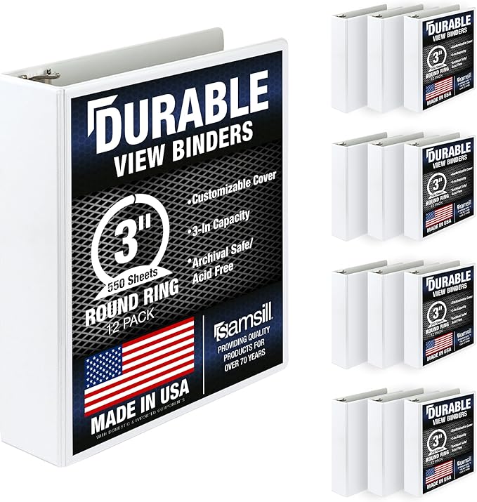 Samsill Durable 3 Inch Binder, Round Ring Customizable Clear View Binder, Black, 12 Pack