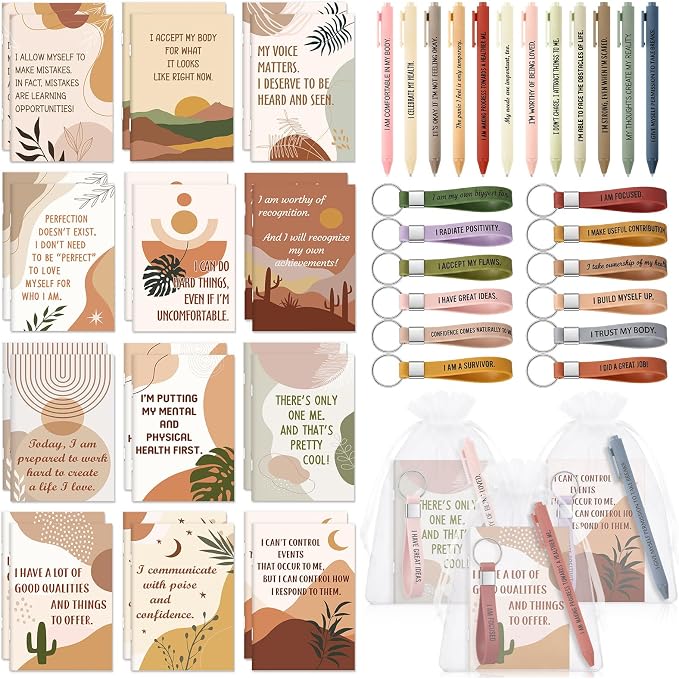 Mooliwe 24 Set Positive Affirmation Gift Set Gratitude Notebooks with Pens Keychains Small Bags Motivational Party Favors for Adult Women Coworkers Employee Group (Soft)