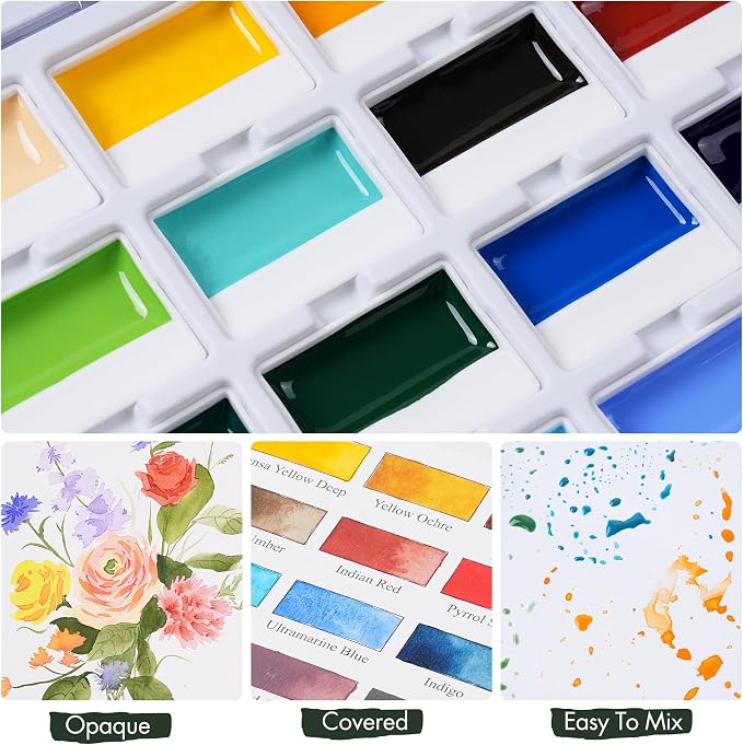 Fuumuui 24-Color Opaque Semi-Solid Watercolor Paint Set - Timeless Tones Professional Art Supplies with Strong Pigments & Coverage, for Artists Beginner Painters Amateur Hobbyists Painting