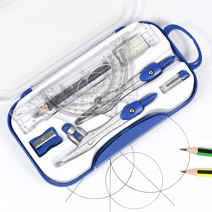 Unjoo Geometry Set 10 Pcs Student Supplies,Protractor and Compass,Navy Blue | Shatterproof Storage Box,Rulers,Protractor,Compass,Eraser,Pencil Sharpener,Lead Refills,Pencil,for Classroom, Back to School