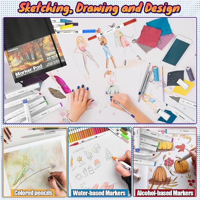 Halobios Square Sketchbook for Drawing, 120 lb/200 GSM A4 Mixed Media Sketchbook, 80 Sheets/160 Pages Portable Marker Drawing Paper Sketch Book for Alcohol Markers, Artists, Beginners（8.3”x11.7”）