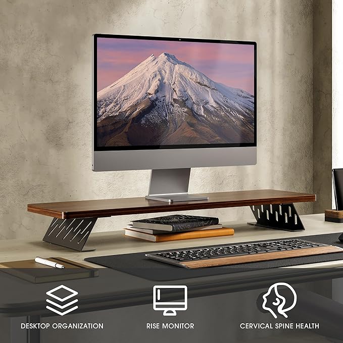 Fenge Monitor Stand Riser, Wooden & Metal Desk Shelf Organizer, Brown | 31.5 Inch Computer Stand for Compact Work Station, Multifunctional Monitor Shelf for Laptop, PC, Printer