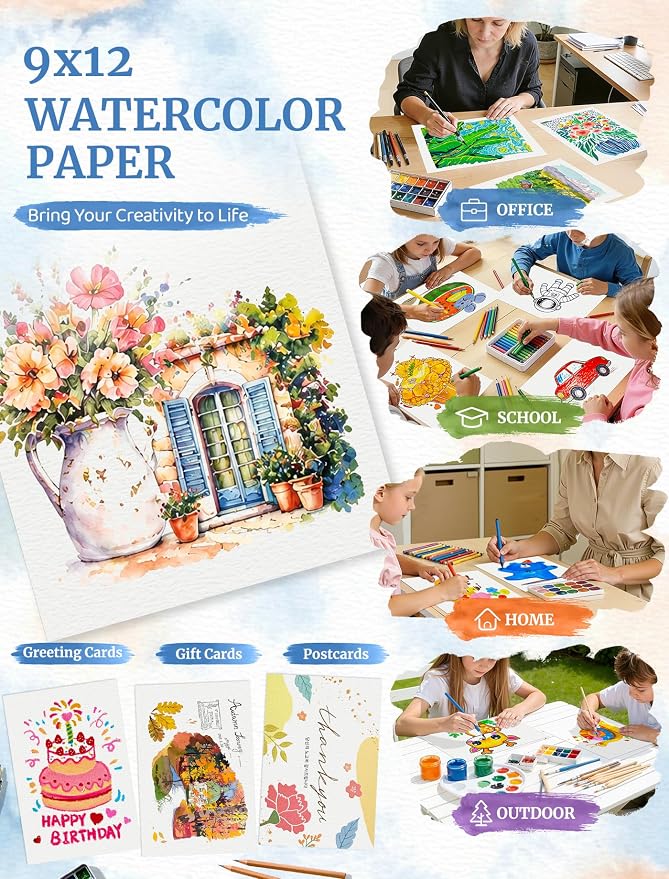 21 Sheets Watercolor Paper 9x12, Cold Press Watercolor Paper Pad, 140 LB/300 GSM Water Color Paper 9x12, Art Supplies for Kids Adults, Watercolor Pad for Painting, Sketching, Acrylic, Gouache