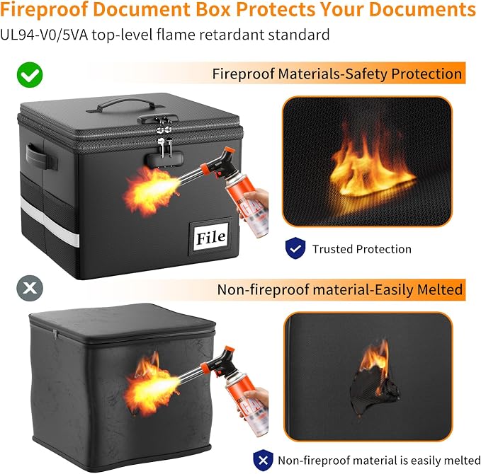 ENGPOW Fireproof Document Box with Locks and Accordion File Folder,Black | File Organizer with Multi-Pocket, Portable Home Office File Cabinet Safe Storage for Hanging Letter/Legal Size Folders