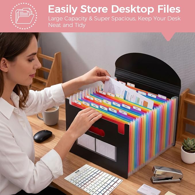 SKYDUE Accordion File Organizer with 26 Pockets & Label Stickers, Expanding File Folders Fit for A4 & Letter Size Paper, Multi-Functional Document Organizer for Home & Office File Management