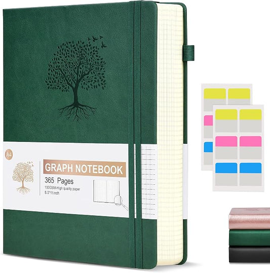 Ansopu Graph Paper Notebook Journal, 360 Numbered Pages Grid Notebooks 8.5 x 11, Thick 100gsm Paper Graphing Notebook Journals for Women Men, A4 Large Hardcover Graph Leather Notebook Green