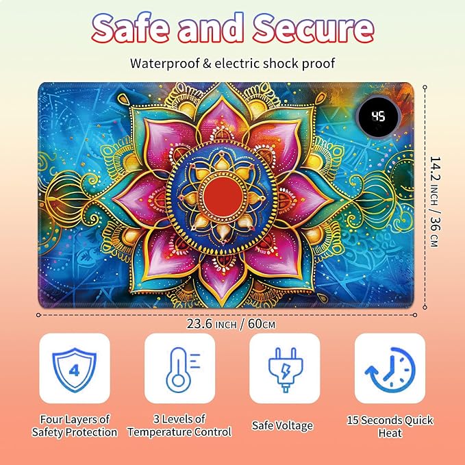 Heated Desk Pad Large Mouse Pad 23.6 x 14.1 inch with 3 Levels Heating & Auto Shut-Off Warm Mouse pad PU Leather Computer Mousepad for Home Office Work - Colorful Lotus Flowers