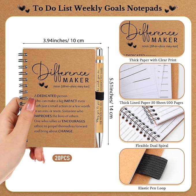 Tellingyou 20 Sets Difference Maker Employee Appreciation Gift for Coworker to Do List Notebooks with Ballpoint Pen Note Pads Journal Back to School for Teacher Nurse Staff Team (Wood Color)