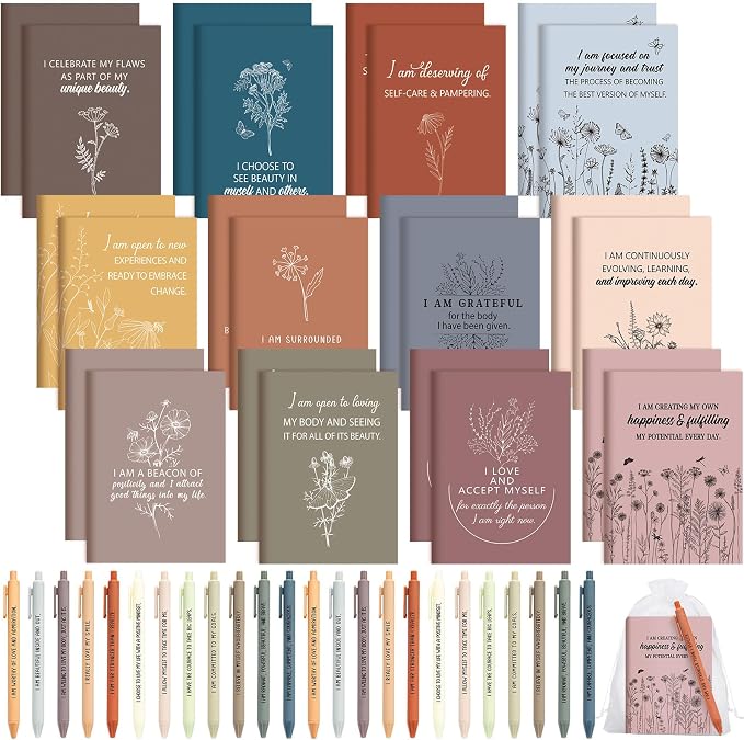 Mooliwe 48 Pcs Positive Affirmation Gift Set Gratitude Notebooks with Pens Small Bags Motivational Encouragement Notepads Daily Affirmations Journal for Women Stress Relief Self Care (Fresh)