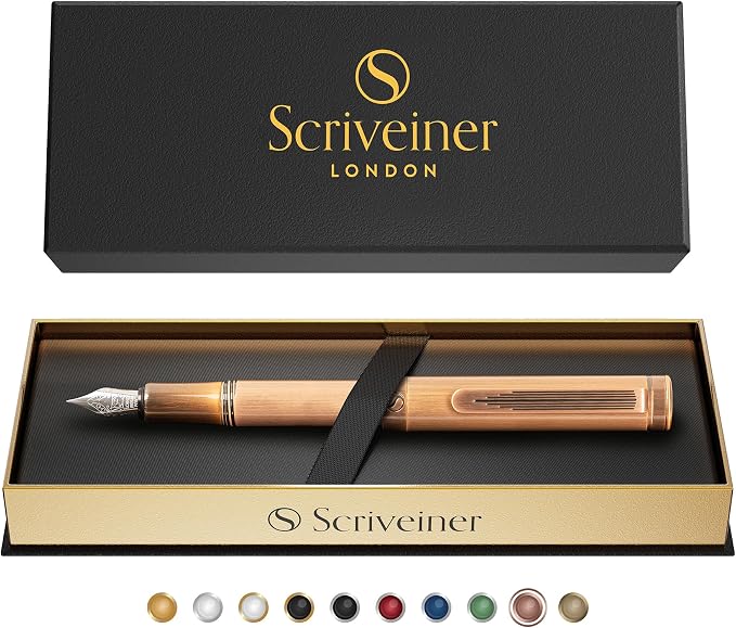 Scriveiner Luxury EDC Fountain Pen (Medium), Stunning Heavy Brass Pocket Pen, Hand Brushed Copper Finish, Schmidt German Nib Converter, Best Writing Pen Gift Set for Men Women, Nice Fancy Designer Pen