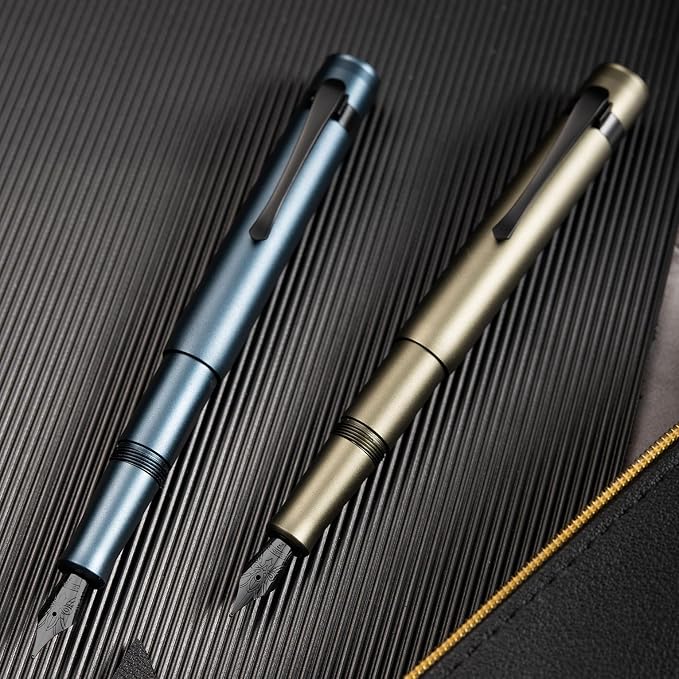 HONG DIAN M2 Black Forest Mini Fountain Pen, Long Blade Nib & Sleek Shape Aluminium Short Pocket Travel Pen (Midnight Blue)