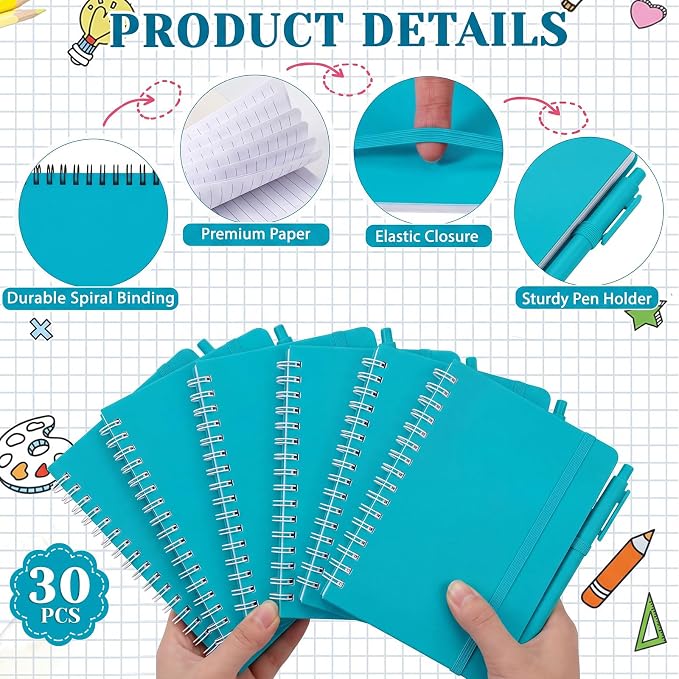 Fulmoon 30 Set Small Spiral Notebooks A6 with Pens Bulk, Multicolor 4" x 6" Pocket Notebooks Mini Lined Journals 50 Sheets for Back to School Supplies Students Rewards Office Gifts (Teal Blue)