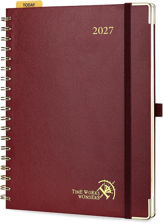 POPRUN 2027 Planner Daily Weekly and Monthly Calendar with Hourly Schedule, Monthly Tabs(Large Size 10'' x 8'' Wire-Bound Hard Cover) - Agenda 2027 (Jan.2027-Dec.2027) - Burgundy