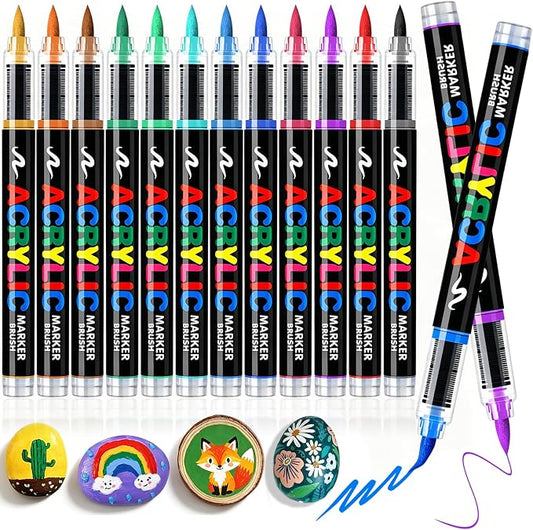 Acrylic Paint Markers Brush Tip 12 Colors, Soft Brush Tip Acrylic Paint Pens with Automatic Ink Control, Water-Based No-Bleed Paint Markers for Rock Painting Fabric Wood Ceramic Metal DIY Crafts