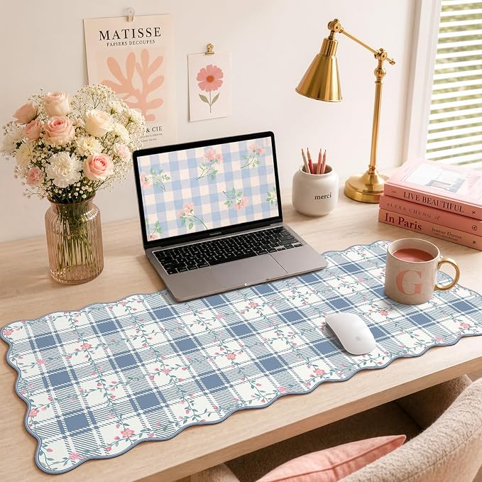 iCasso Leather Scalloped Checkered Mouse Pads for Desk, Aesthetic Floral Computer Mat, Back to School XXL Desk Mat for Keyboard and Mouse, Mousepad with Stitched Edges, Keyboard Pad(Light Blue)