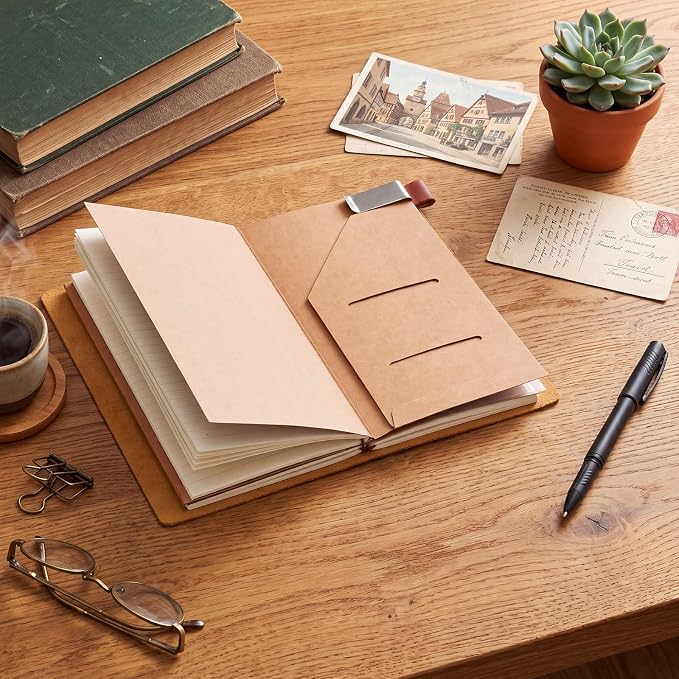 Thenshop Travelers Refillable Leather Journal Notebook Travel Diary Handmade Passport Travelers Journal for Men and Women with 3 Notebook Inserts, Pen Holder, Binder Clip(Orange,Stand Size)