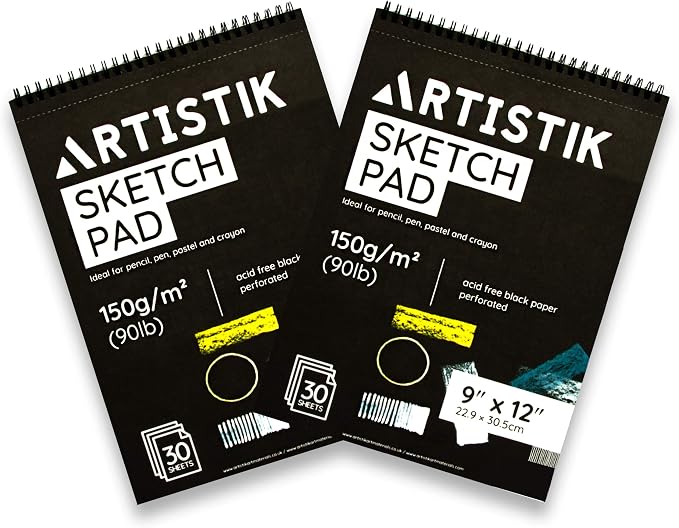 Black Paper Sketch Pad - 12 x 9 (Pack of 2) 30 Sheets (90lb/150gsm), Top Spiral Bound with Perforated Pages for All Dry Media Graphite & Colored Pencils, Gouache, Charcoal, Gel Pens, Chalk