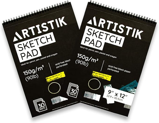 Black Paper Sketch Pad - 12 x 9 (Pack of 2) 30 Sheets (90lb/150gsm), Top Spiral Bound with Perforated Pages for All Dry Media Graphite & Colored Pencils, Gouache, Charcoal, Gel Pens, Chalk
