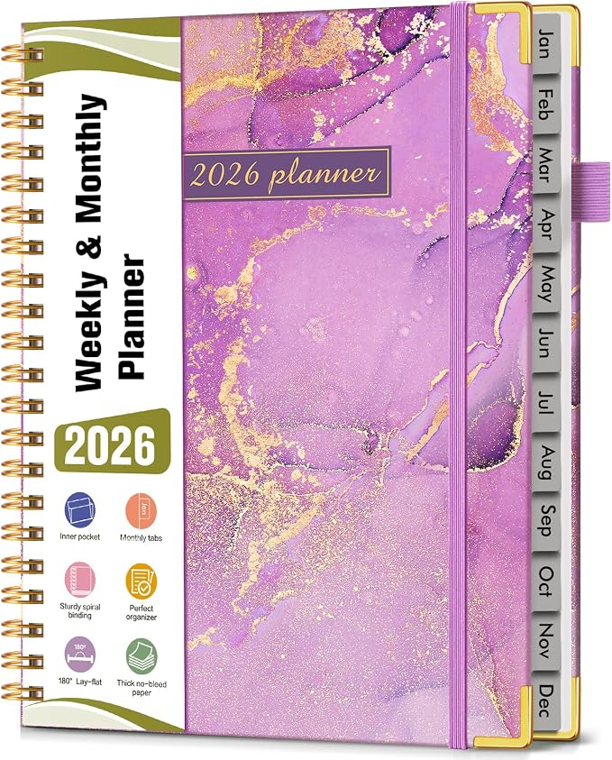 2026 Planner, Hardcover Weekly and Monthly Planner, January 2026 - December 2026, Spiral Yearly Agenda Organizer Book 2026 with Tabs, Daily Calendar Planners for School Work Home, A4 (8.5" x 11"), Purple Marble