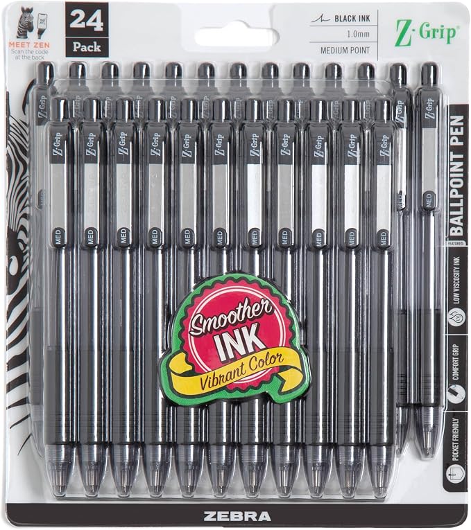 Zebra Pen Z-Grip Retractable Ballpoint Pen, Smooth-Flowing Black Ink, 1.0mm Medium Point, School & Office Supplies, Ideal for Note-Taking, Journal and Planner Use, 24-Pack (12221)