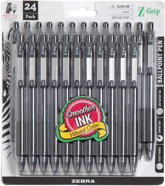 Zebra Pen Z-Grip Retractable Ballpoint Pen, Smooth-Flowing Black Ink, 1.0mm Medium Point, School & Office Supplies, Ideal for Note-Taking, Journal and Planner Use, 24-Pack (12221)