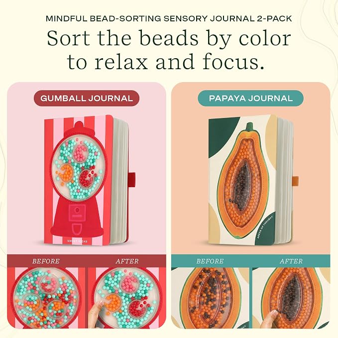 Lifelines Sensory Bead Journals, Papaya & Gumball 2 Pack Set, 160 Pages | Fidget Ruled Notebook Journals with Interactive Tactile Cover & Embossed Paper - Sensory Journaling Notebooks