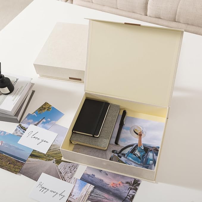 Soul & Lane - Letter Keepsake Storage Box, Magnetic Lid, Set of 2, Beige | Decorative Photo and Document Organizer, Memory Case for Pictures, Cards and Albums, Elegant Home Office Storage Holder
