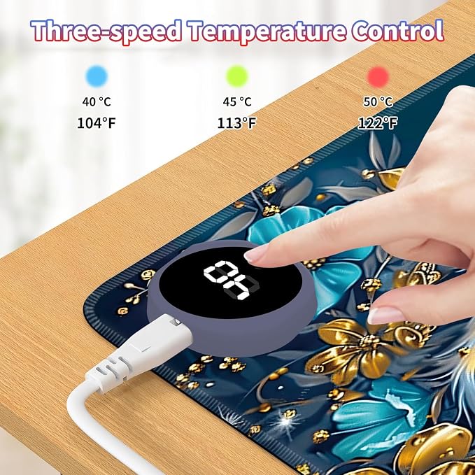 Heated Desk Pad Large Mouse Pad 23.6 x 14.1 inch with 3 Levels Heating & Auto Shut-Off Warm Mouse pad PU Leather Computer Mousepad for Home Office Work - White Fox and Butterflies