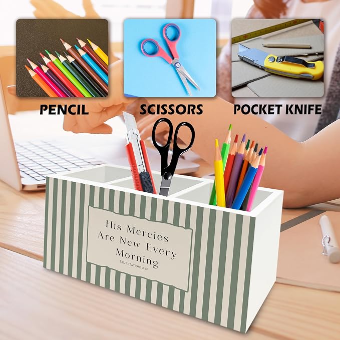 Sage Green Striped Christian Pen Pencil Holder Organizer for Desk, His Mercies Are New Every Morning Bible Verse Wooden Box Signs Decorations for Home Office Desk Tabletop, Christian Gifts
