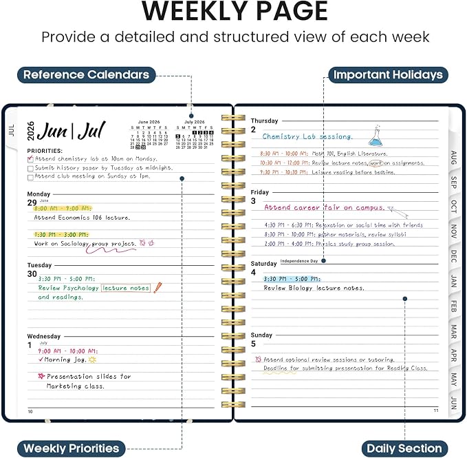 Planner 2026-2027, Academic Monthly and Weekly Calendar Planner for Women, July 2026 - June 2027, Hardcover Pretty Agenda Planner Book with Tabs, Spiral Daily Organizer for School Office Home Supplies, 8.5" x 11" - Blue Patchwork
