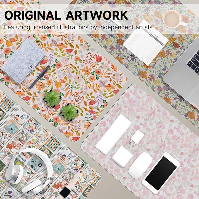 Botanical Floral Desk Pad Blotter,Large Mouse Pad 35 x 17in,PU Leather Desk Mat Writing Pad Protector, Non-Slip Waterprrof,Desktop Decor for Home Office & Gamers Women Girls (Spring Flower)