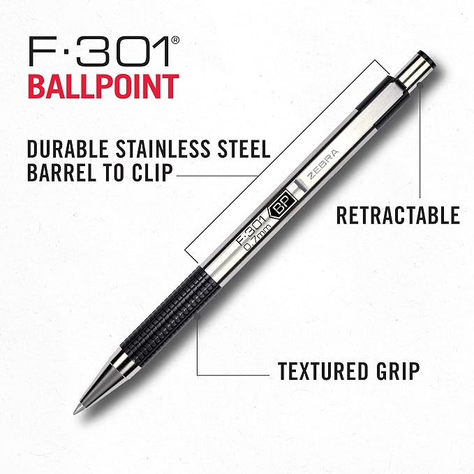 Zebra Pen F-301 Ballpoint Black Ink Fine Point 0.7mm Pen, Easy-Glide Ink, Stainless Steel Retractable, Non-Slip Grip, Professional Design, Ideal for Office, Journal and Planner Use, 4-Pack (27114)