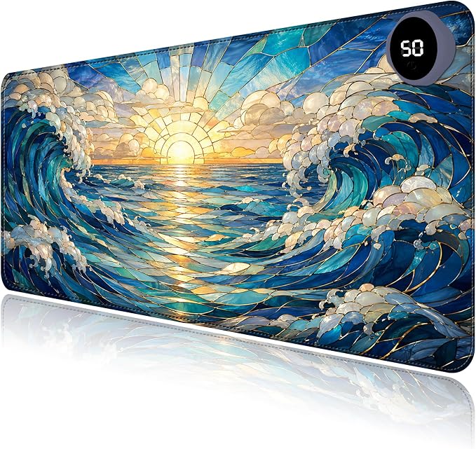 Large Heated Mouse Pad–23.6" x 14.2" Desk Mat for Office | 3 Adjustable Heat Levels,Auto Shut-Off After 3 Hours for Safety,Keeps Hands Warm While Working，Art Wave