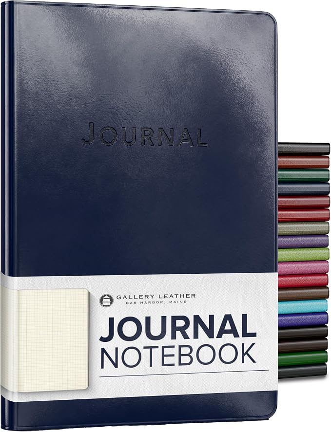 Gallery Leather Journal Notebook - 192 Pages, Softcover, For Men and Women | For Writing, Work & Travel, Handcrafted - Acadia Navy - 8 x 5.5, Desk Grid