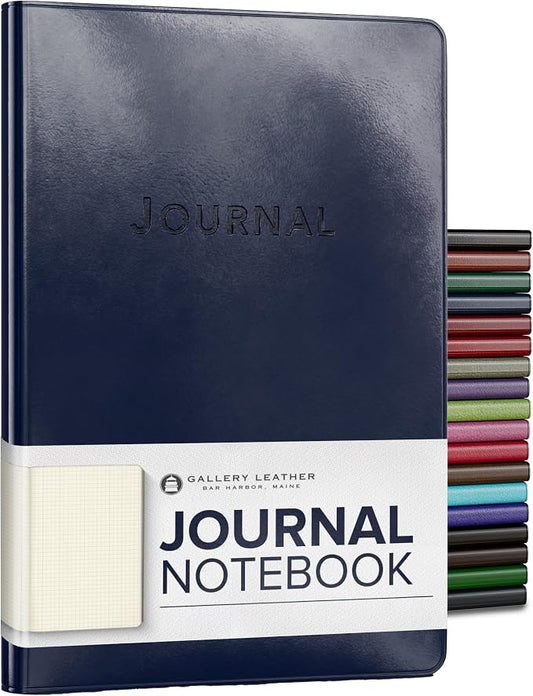 Gallery Leather Journal Notebook - 192 Pages, Softcover, For Men and Women | For Writing, Work & Travel, Handcrafted - Acadia Navy - 8 x 5.5, Desk Grid