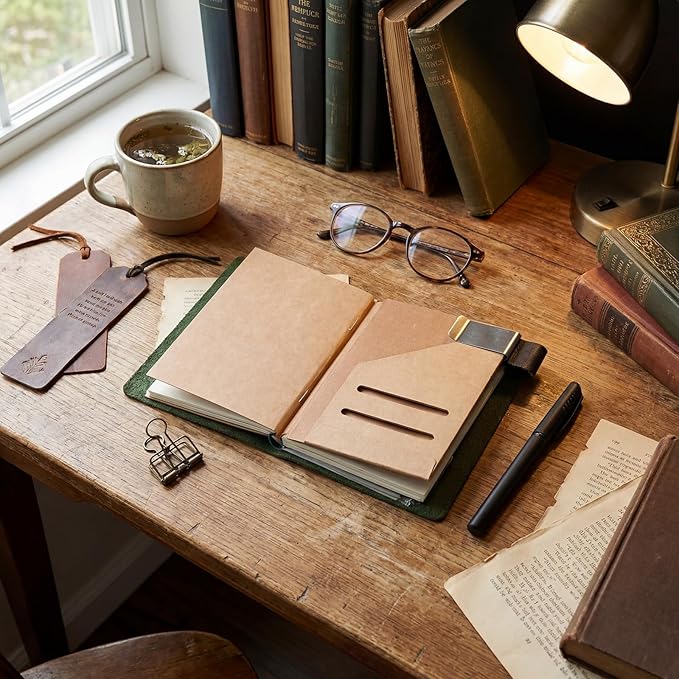 Thenshop Travelers Refillable Leather Journal Notebook Travel Diary Handmade Passport Travelers Journal for Men and Women with 3 Notebook Inserts, Pen Holder, Binder Clip(Green,Passport Size)