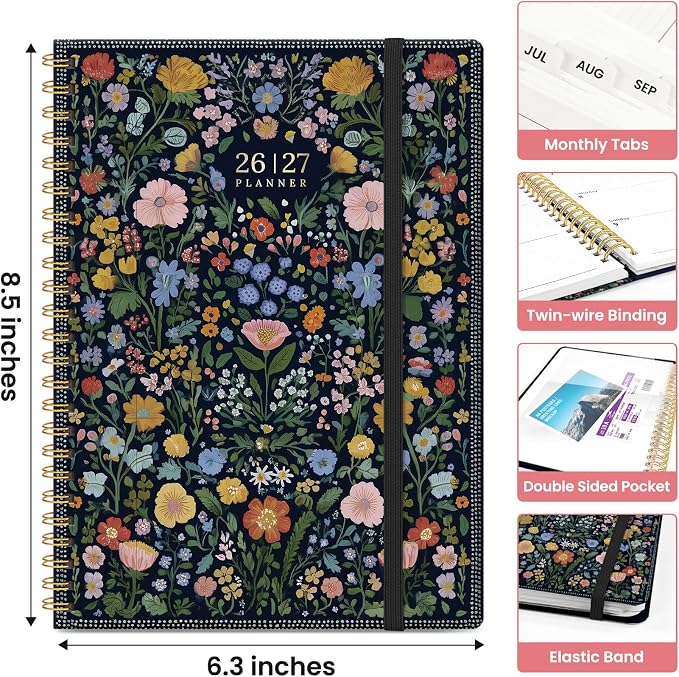 Planner 2026-2027, Academic Monthly and Weekly Calendar Planner for Women, July 2026 - June 2027, Hardcover Pretty Agenda Planner Book with Tabs, Spiral Daily Organizer for School Office Home Supplies, 6.3" x 8.5" - Garden of Whimsy