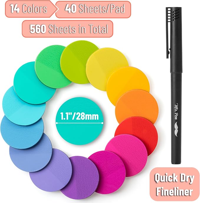 Mr. Pen- Round Transparent Sticky Notes, 1.1” Diameter, 14 Pads, 560 Sheets | Colorful, Water-Resistant See-Through Sticky Notes & Fineliner, Smooth Writing, Note Tabs for Bible Journaling, Studying