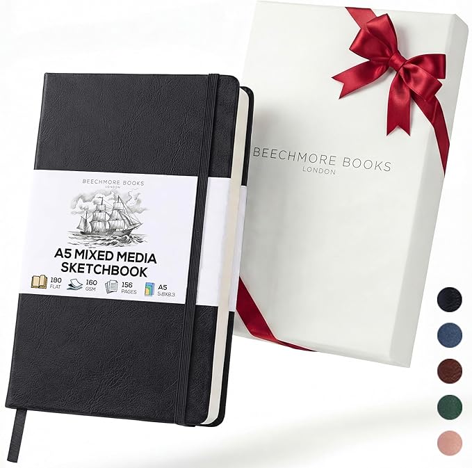Beechmore Books A5 Mixed Media Sketchbook - 5.8"x8.3" Hardcover Lay-Flat Art Journal, 160 GSM / 98 lb Professional Perforated Paper, Gift Box, for Drawing, Ink and Light Watercolor