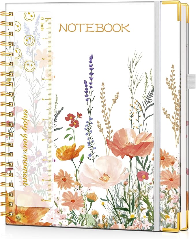 Hardcover Spiral Notebook Journal 8.5” x 11”, A4 Large Cute Notebooks for Women Men, Lined College Ruled Notebook, 100 GSM Paper, Spiral Bound Journals for Work School Note Taking Business, Petite Blooms