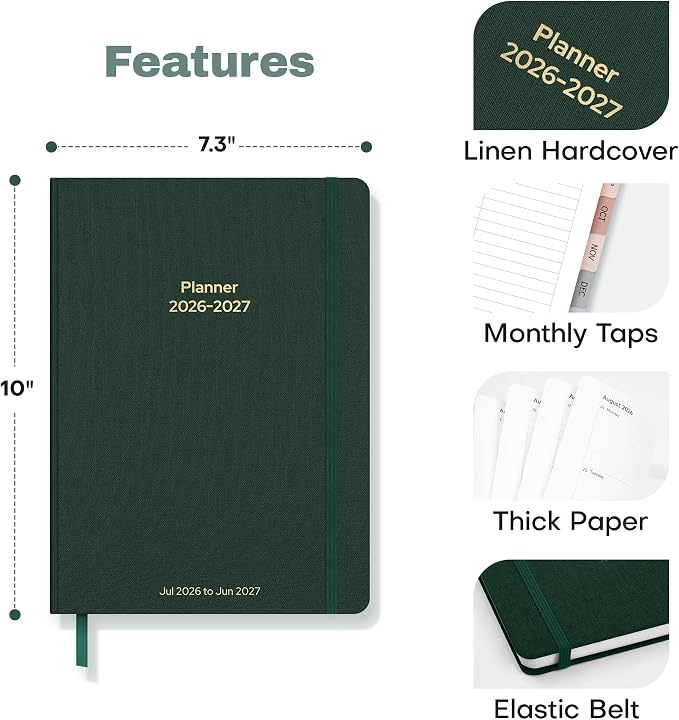 Planner 2026-2027 Monthly and Weekly Academic Planner July 2026 - June 2027, Linen Hardcover Agenda 2026-2027 Calendar Daily Planner for Student Teacher with Monthly Tabs, 7.3" x 10", Dark Green