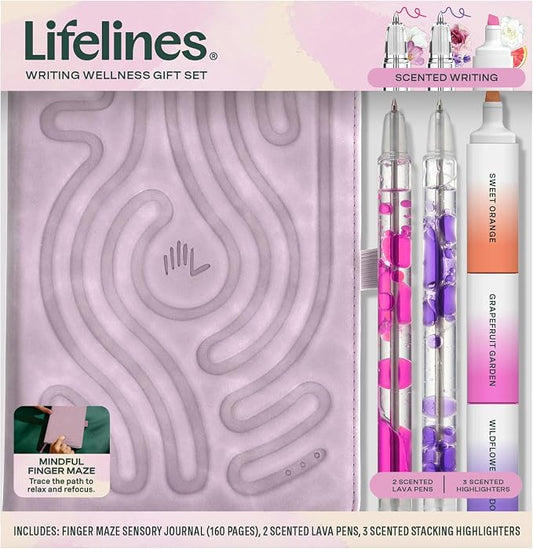 Lifelines Writing Wellness Gift Set - Aromatherapy & Sensory Immersion | Scented Writing Set Includes Finger Maze Sensory Journal, 3 Scented Stacking Highlighters & 2 Lava Gel Pens