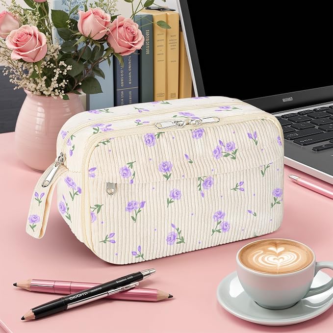 WOBAGMEN Cute Pencil Case,Large Corduroy Zippered Pencil Case Pouch, aesthetic Pencil Bag with Compartments, Pencil Pouch School Supplies (HY-corduroy pc-purple floral)