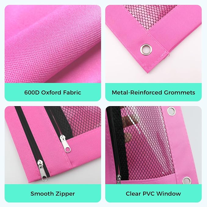Pencil Pouch for 3 Ring Binder, Pencil Case with Zipper, 600D Fabric Pencil Pouch Bag Holder Accessories, Clear Window Pencil Case Aesthetic Back to School Organizer Pockets for Boy Girl (Pink)