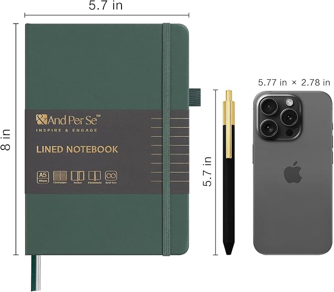 &And Per Se Lined Journal and Pen Set, A5 Leather Hardcover Notebook with Pen & Stationary Set, 160 Pages 100GSM Thick Ruled Paper Journal for Business Work Writing (Green)