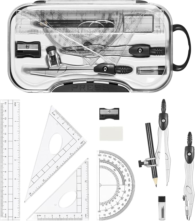 Unjoo Geometry Sets 10 Pcs Student Supplies, Protractor and Compass (Black) | Shatterproof Storage Box,Rulers,Protractor,Compass,Eraser,Pencil Sharpener,Lead Refills,Pencil,for Classroom, Back to School