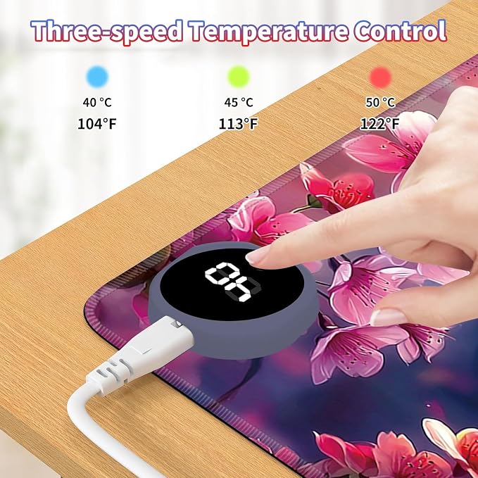 Heated Desk Pad Large Mouse Pad 31.5 x 13 inch with 3 Levels Heating & Auto Shut-Off Warm Mouse pad PU Leather Computer Mousepad for Home Office Work - Cherry Blossom and Hummingbird