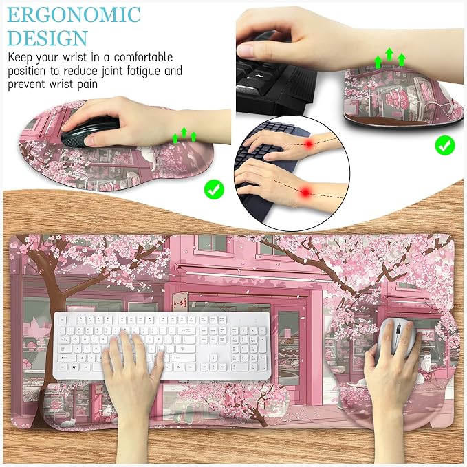 LIMKRIAN Anime Cat Mouse Pad with Wrist Rest, Pink Desk Mat Set for Women | Ergonomic Wrist Support, Gaming Mat Wrist Rest Computer Keyboard, Coaster, Cute Kawaii Office Desk Decor Accessories